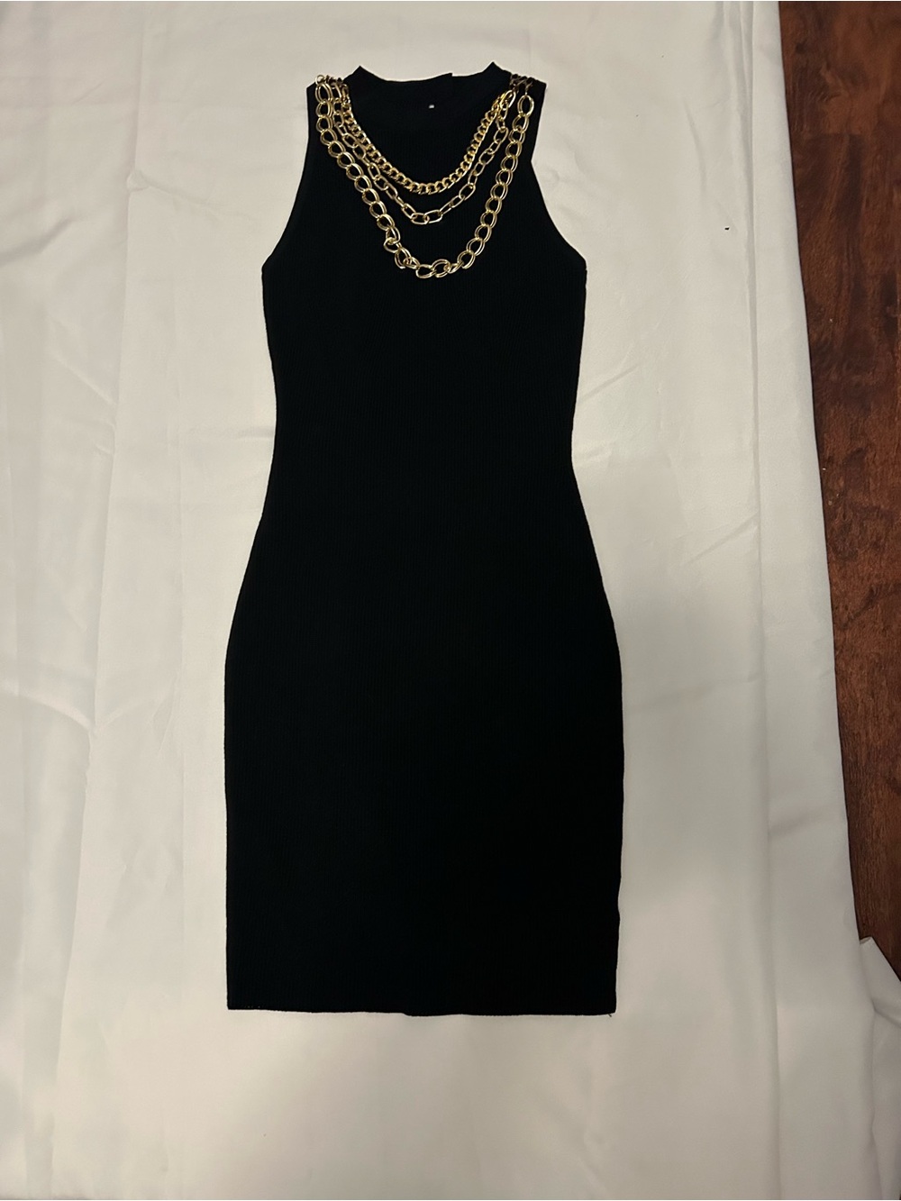 Fashion Nova Black Sleeveless Bodycon Dress with Gold Chain Detail